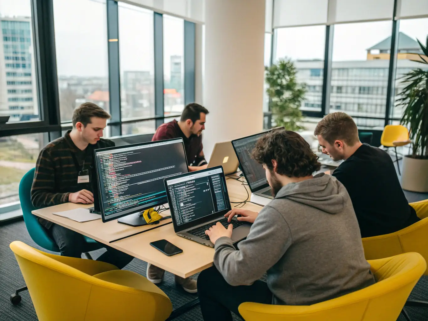An image showing a team of developers collaborating over code on multiple screens, representing custom software development.